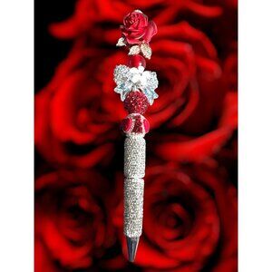 Luxury Red Rose Crystal Ballpoint Pen Rhinestone Handle Elegant Gift For Women O